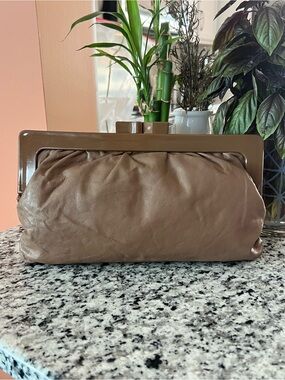 Vintage 1980s Made in Italy Taupe Leather Lucite Frame Clutch Bag